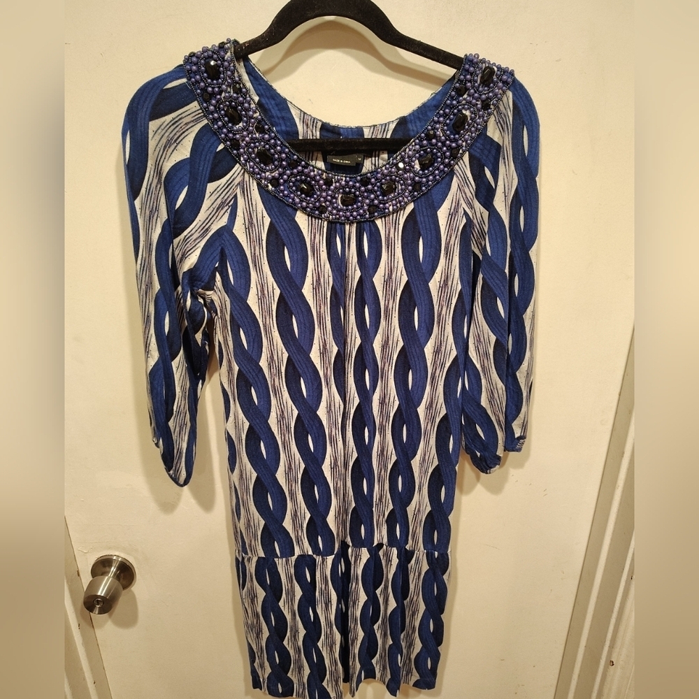 BCBGMaxazria NWT Embellished Stretchy Blue Twisted Rope Print Y2K Dress Sz M